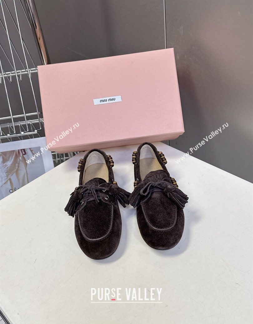 Miu Miu Tassel and Beads Loafers in Suede Leather Dark Brown 2025 5D518E (MD-251025011)