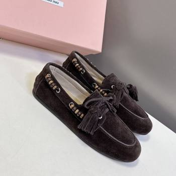 Miu Miu Tassel and Beads Loafers in Suede Leather Dark Brown 2025 5D518E (MD-251025011)