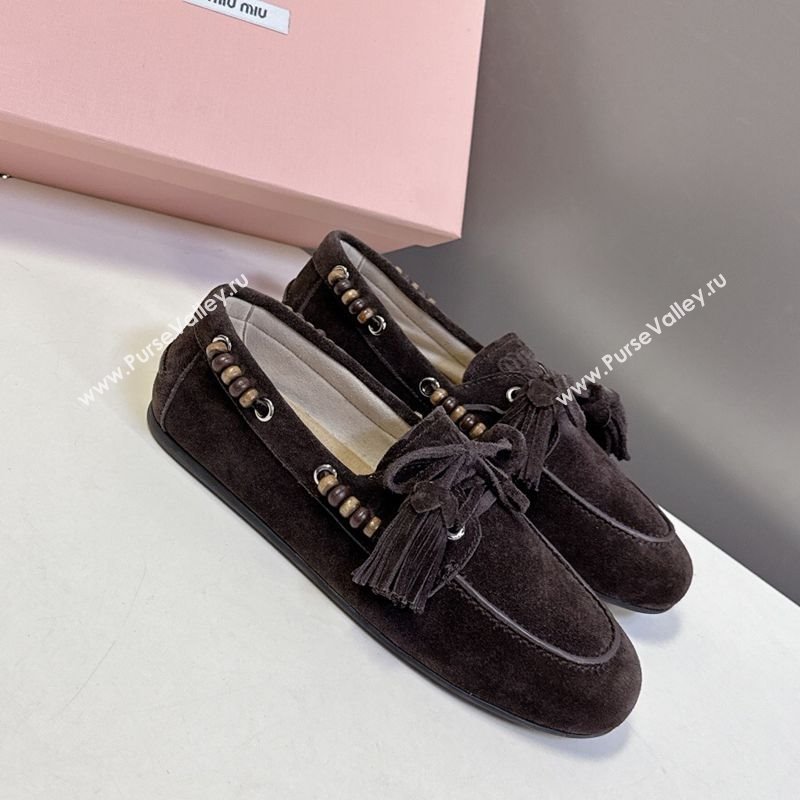 Miu Miu Tassel and Beads Loafers in Suede Leather Dark Brown 2025 5D518E (MD-251025011)