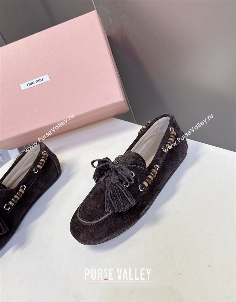 Miu Miu Tassel and Beads Loafers in Suede Leather Dark Brown 2025 5D518E (MD-251025011)