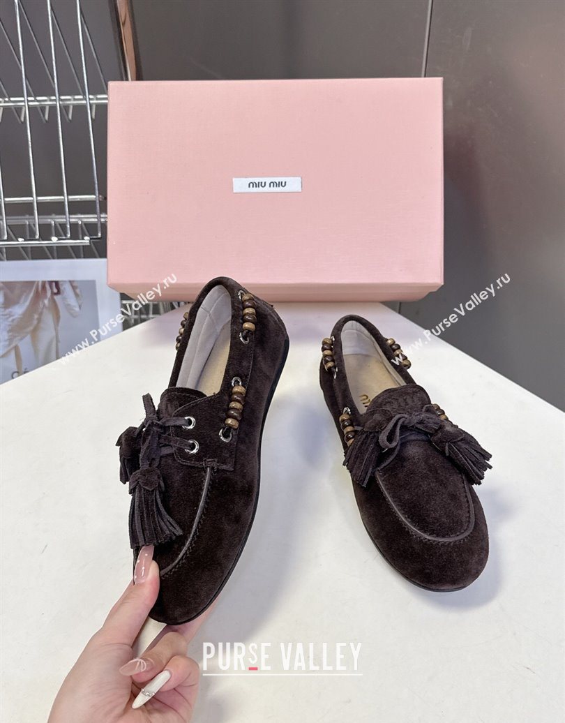 Miu Miu Tassel and Beads Loafers in Suede Leather Dark Brown 2025 5D518E (MD-251025011)
