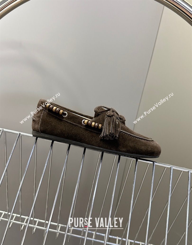 Miu Miu Tassel and Beads Loafers in Suede Leather Dark Brown 2025 5D518E (MD-251025011)