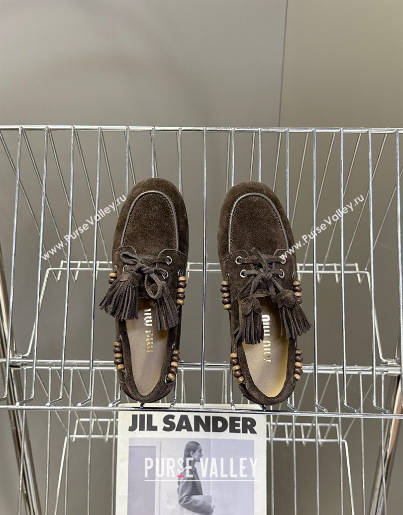 Miu Miu Tassel and Beads Loafers in Suede Leather Dark Brown 2025 5D518E (MD-251025011)