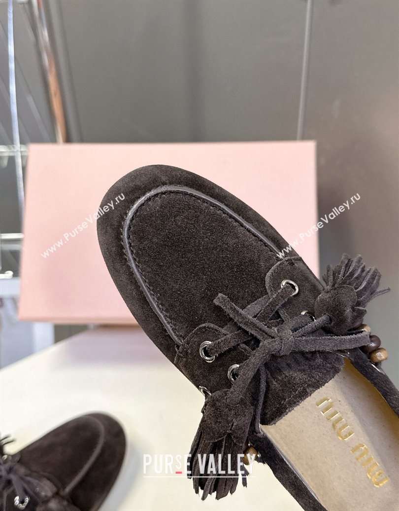 Miu Miu Tassel and Beads Loafers in Suede Leather Dark Brown 2025 5D518E (MD-251025011)