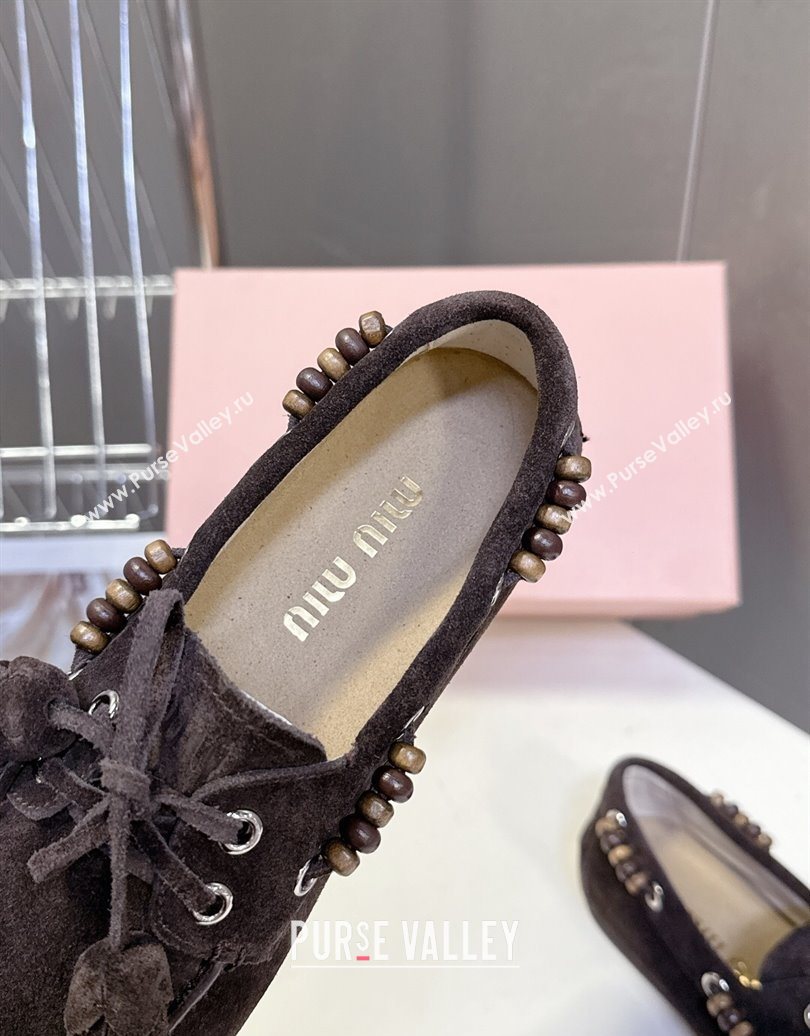 Miu Miu Tassel and Beads Loafers in Suede Leather Dark Brown 2025 5D518E (MD-251025011)
