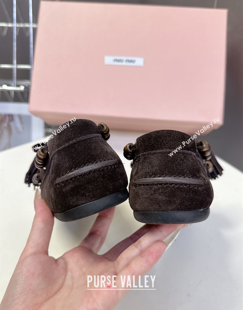 Miu Miu Tassel and Beads Loafers in Suede Leather Dark Brown 2025 5D518E (MD-251025011)