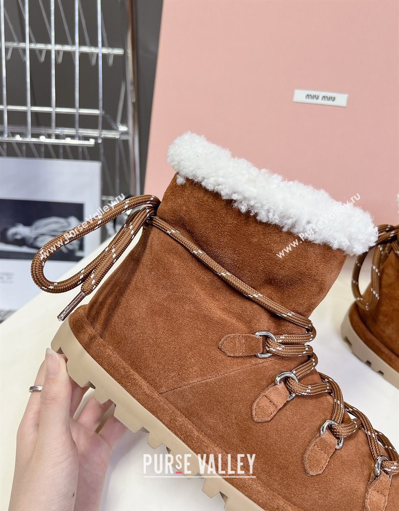 Miu Miu Suede and Wool Laced-up Flat Ankle Boots Brown2 2025 MM102407 (KL-251024148)