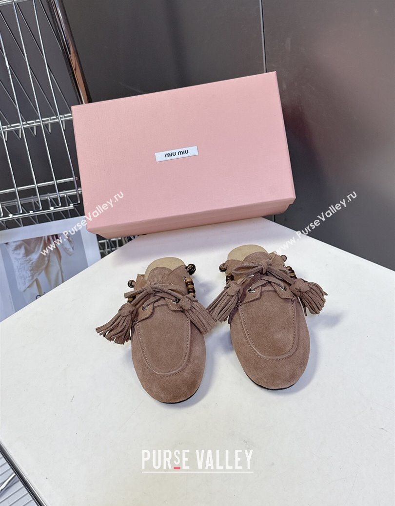 Miu Miu Tassel and Beads Mules in Suede Leather Beige 2025 5D518E (MD-251025012)