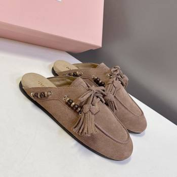 Miu Miu Tassel and Beads Mules in Suede Leather Beige 2025 5D518E (MD-251025012)