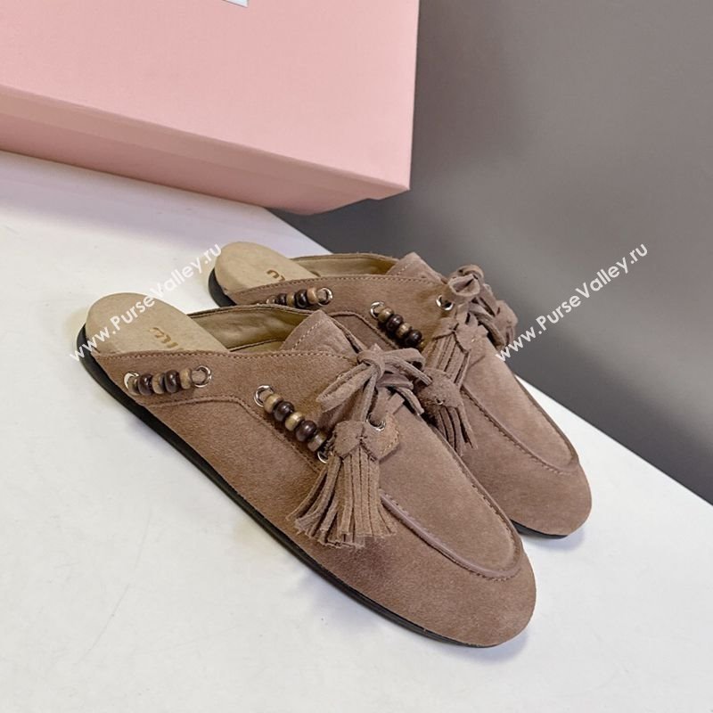 Miu Miu Tassel and Beads Mules in Suede Leather Beige 2025 5D518E (MD-251025012)