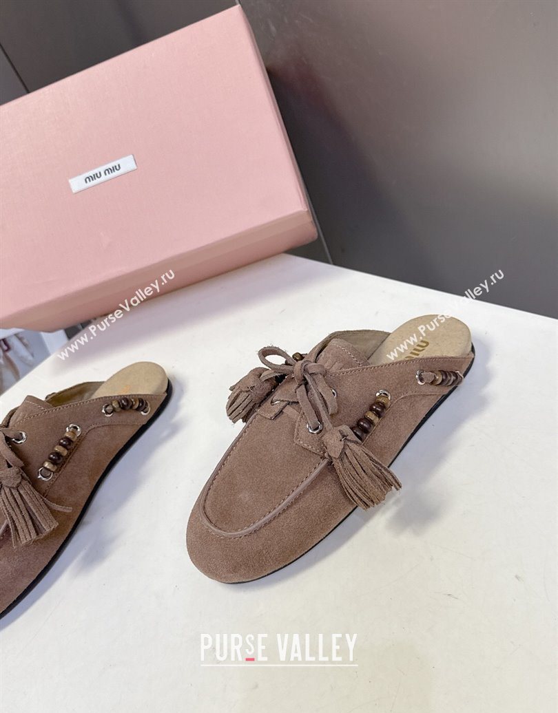 Miu Miu Tassel and Beads Mules in Suede Leather Beige 2025 5D518E (MD-251025012)