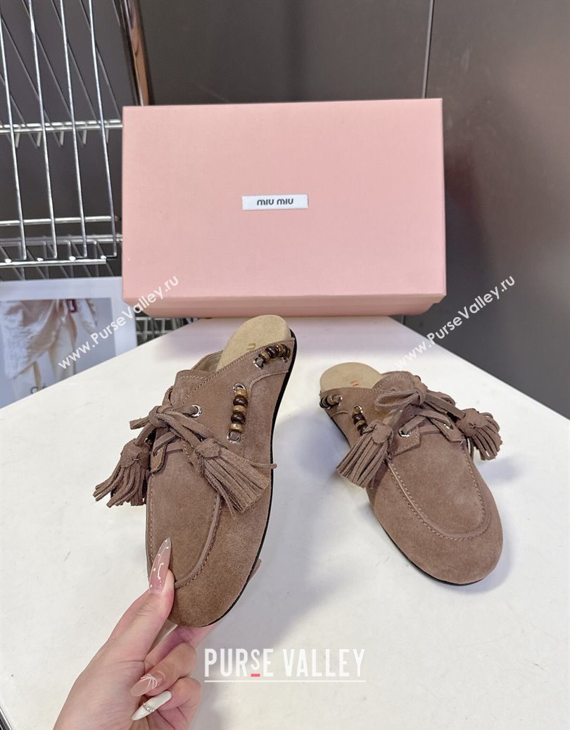 Miu Miu Tassel and Beads Mules in Suede Leather Beige 2025 5D518E (MD-251025012)