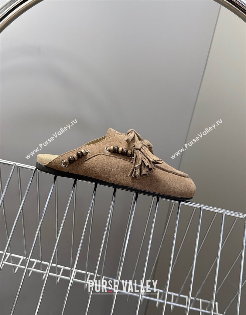 Miu Miu Tassel and Beads Mules in Suede Leather Beige 2025 5D518E (MD-251025012)