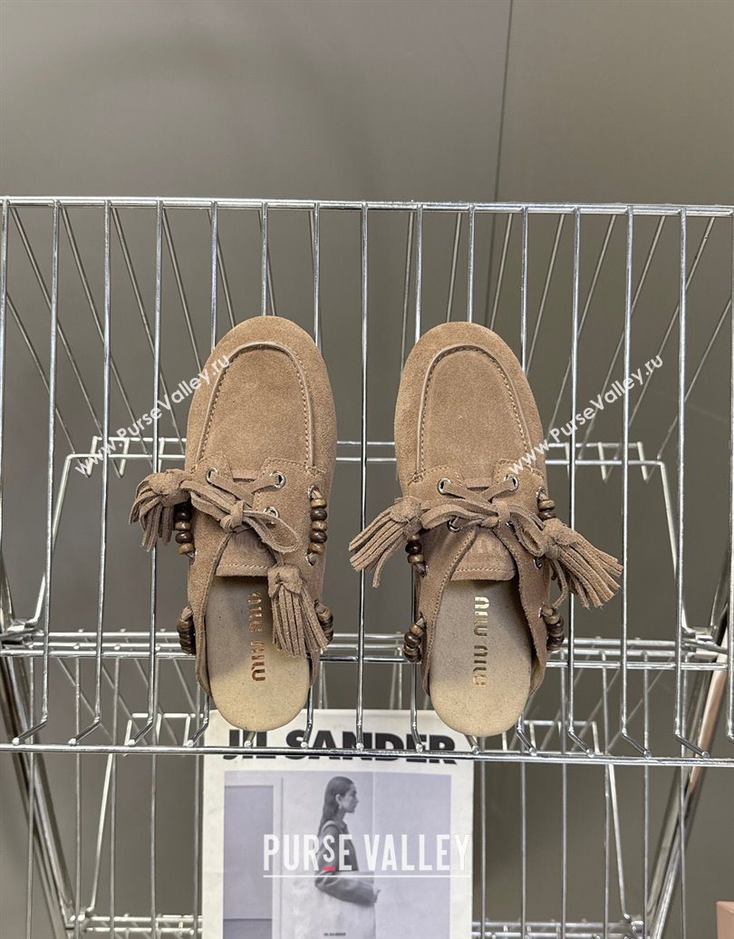 Miu Miu Tassel and Beads Mules in Suede Leather Beige 2025 5D518E (MD-251025012)