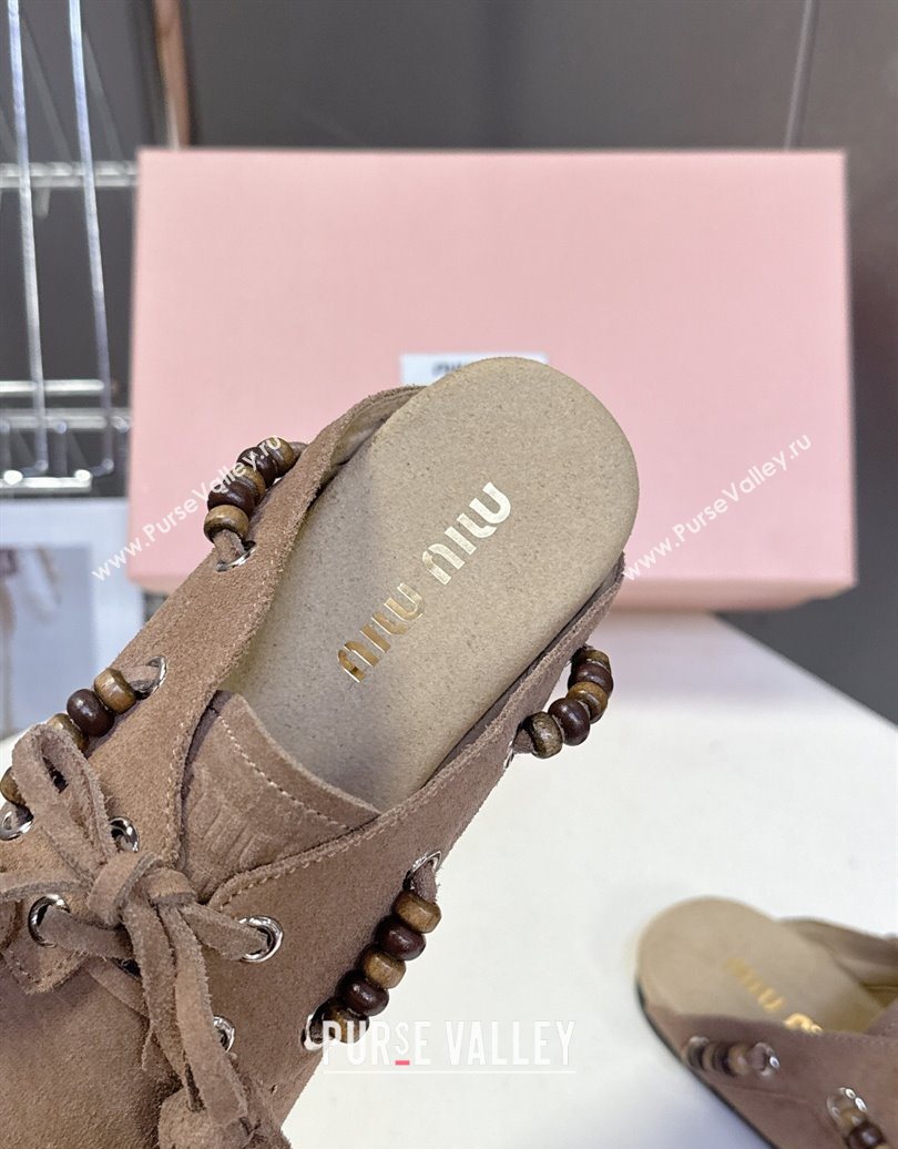 Miu Miu Tassel and Beads Mules in Suede Leather Beige 2025 5D518E (MD-251025012)