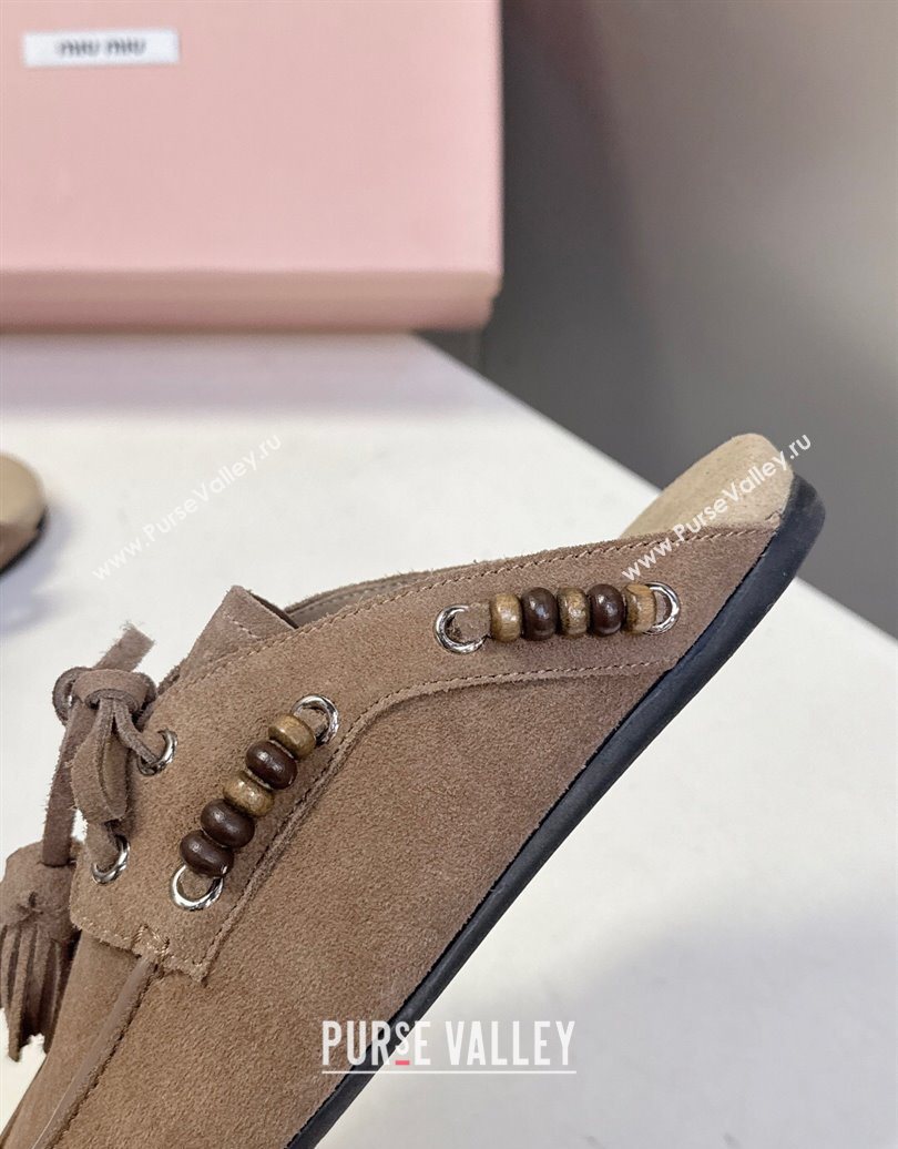 Miu Miu Tassel and Beads Mules in Suede Leather Beige 2025 5D518E (MD-251025012)