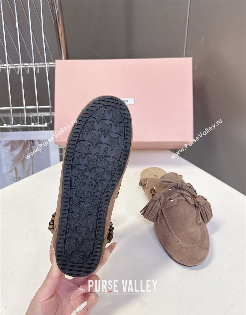 Miu Miu Tassel and Beads Mules in Suede Leather Beige 2025 5D518E (MD-251025012)
