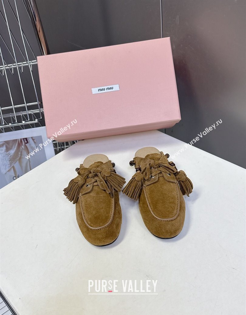Miu Miu Tassel and Beads Mules in Suede Leather Olive Green 2025 5D518E (MD-251025013)