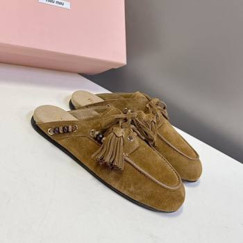 Miu Miu Tassel and Beads Mules in Suede Leather Olive Green 2025 5D518E (MD-251025013)