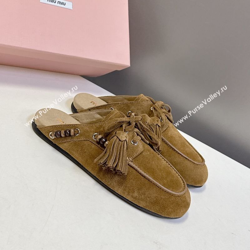 Miu Miu Tassel and Beads Mules in Suede Leather Olive Green 2025 5D518E (MD-251025013)