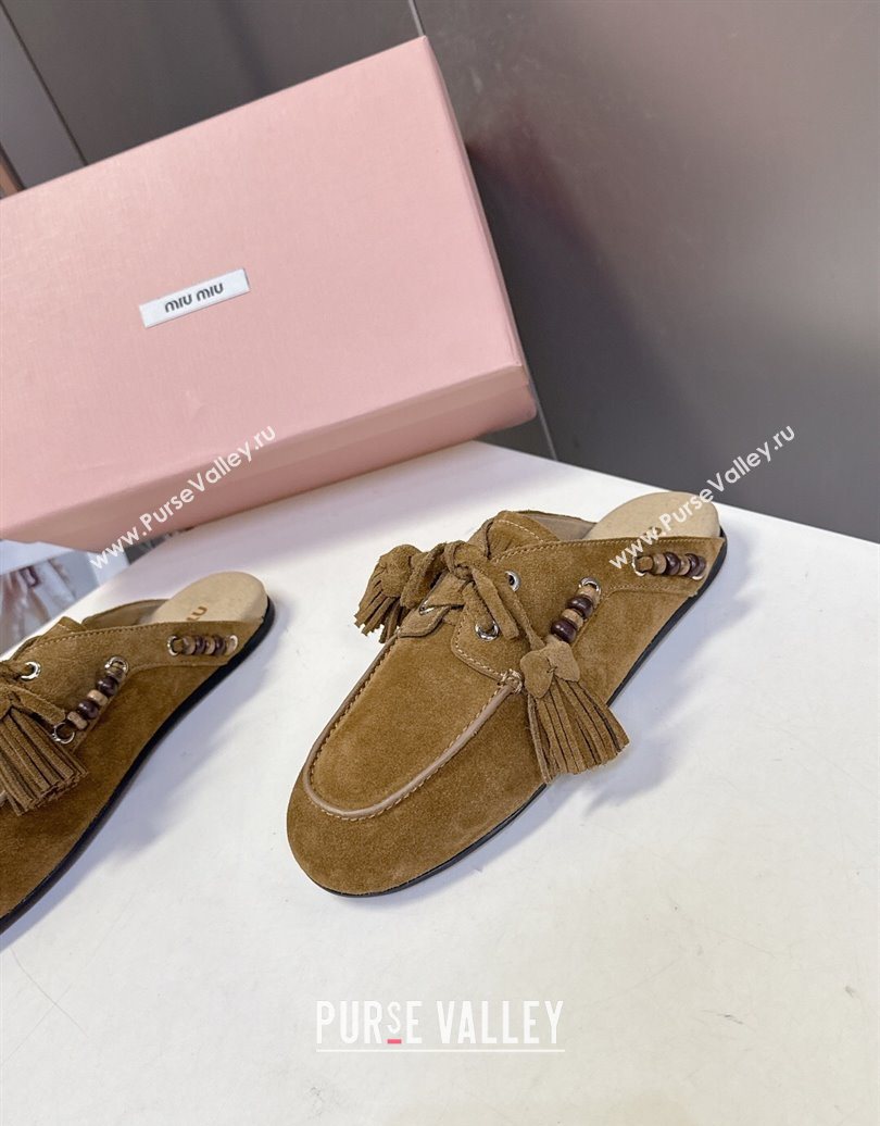 Miu Miu Tassel and Beads Mules in Suede Leather Olive Green 2025 5D518E (MD-251025013)