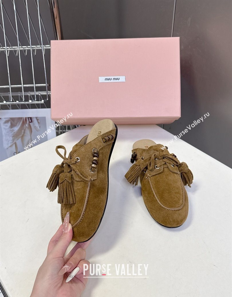 Miu Miu Tassel and Beads Mules in Suede Leather Olive Green 2025 5D518E (MD-251025013)