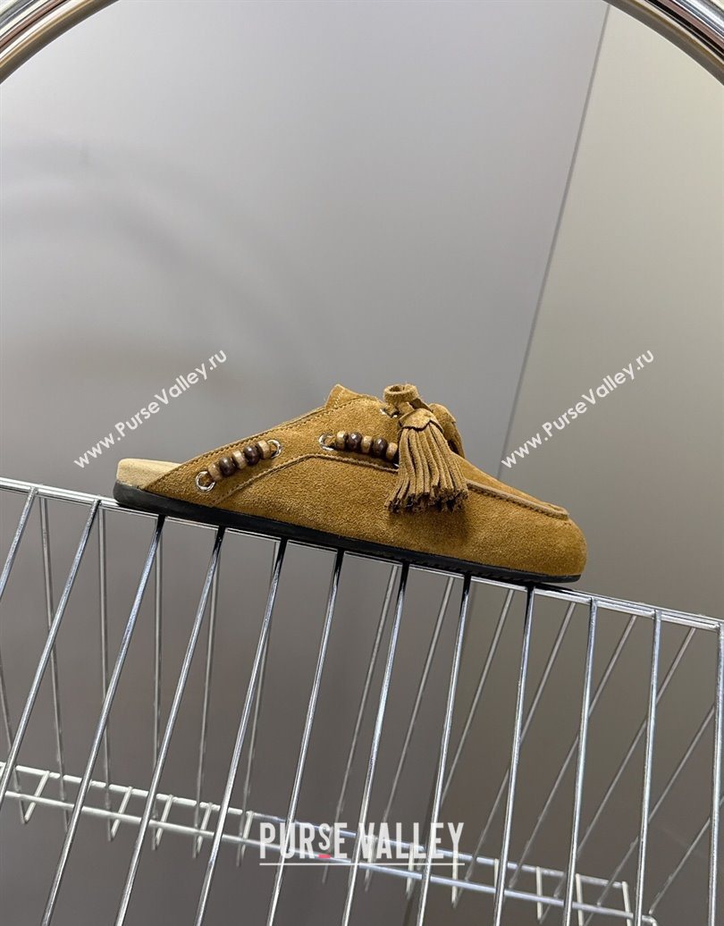 Miu Miu Tassel and Beads Mules in Suede Leather Olive Green 2025 5D518E (MD-251025013)