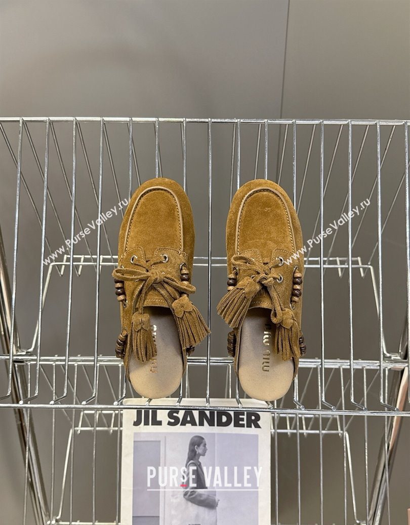 Miu Miu Tassel and Beads Mules in Suede Leather Olive Green 2025 5D518E (MD-251025013)