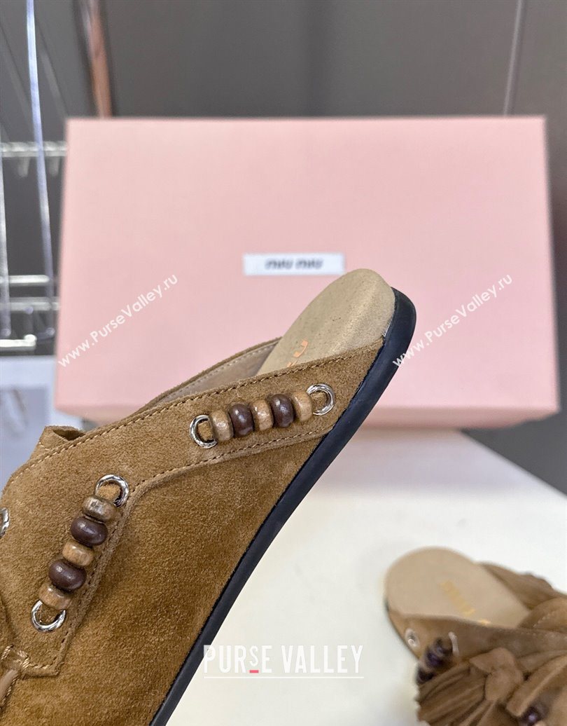 Miu Miu Tassel and Beads Mules in Suede Leather Olive Green 2025 5D518E (MD-251025013)