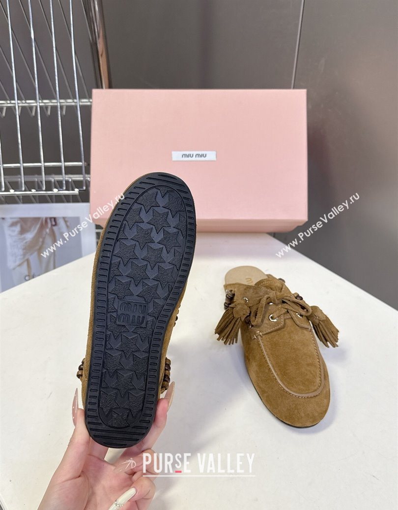 Miu Miu Tassel and Beads Mules in Suede Leather Olive Green 2025 5D518E (MD-251025013)