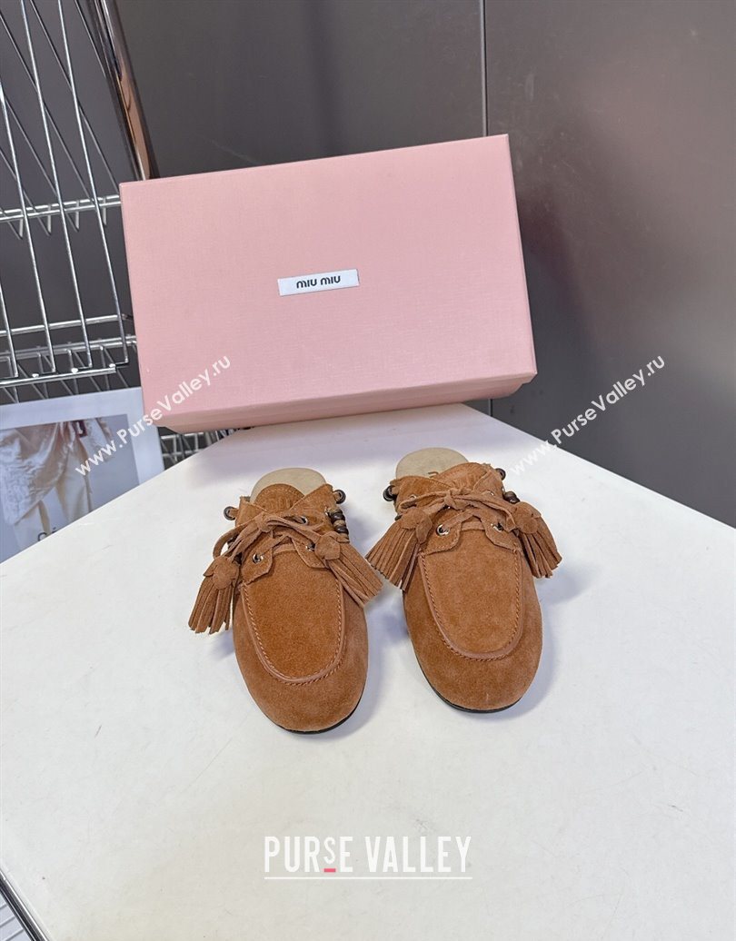 Miu Miu Tassel and Beads Mules in Suede Leather Brown2 2025 5D518E (MD-251025014)