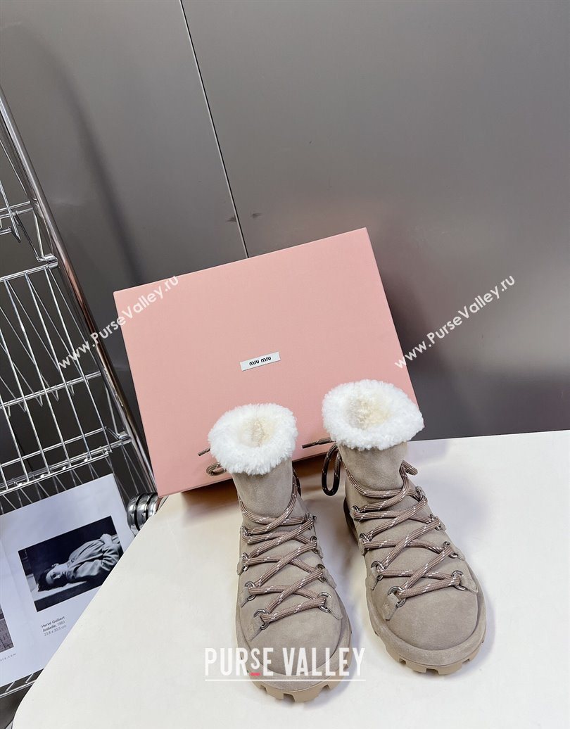 Miu Miu Suede and Wool Laced-up Flat Ankle Boots Grey 2025 MM102407 (KL-251024149)