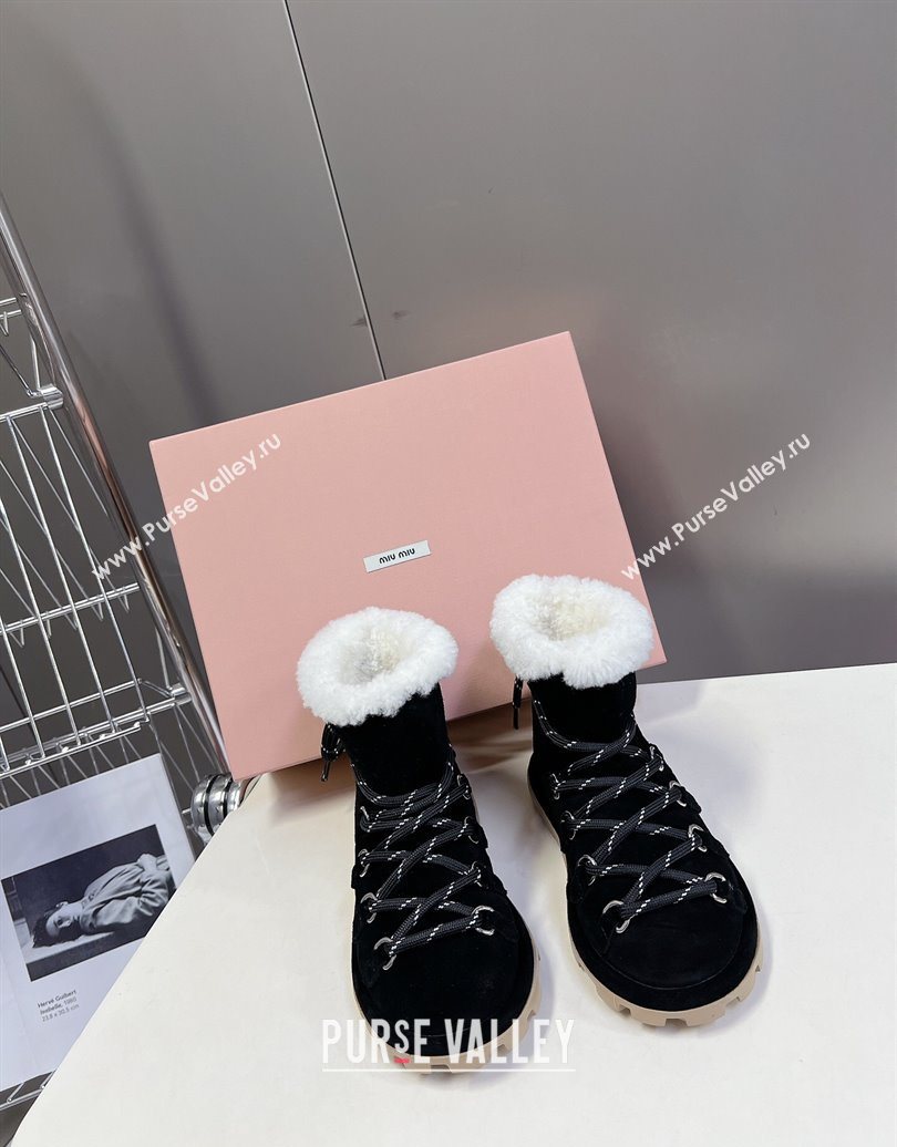 Miu Miu Suede and Wool Laced-up Flat Ankle Boots Black 2025 MM102407 (KL-251024146)