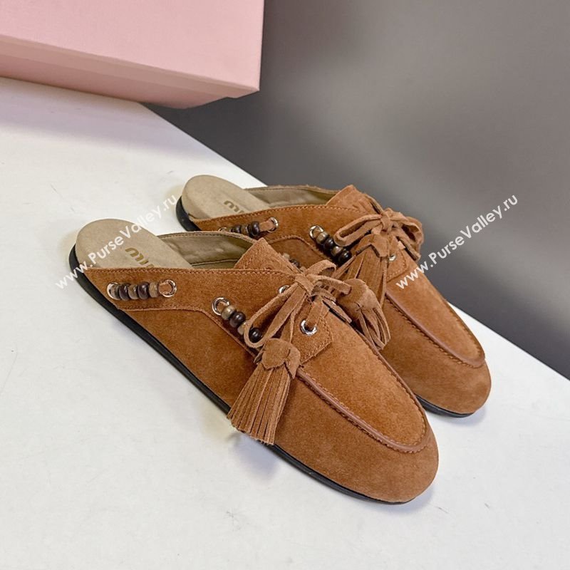 Miu Miu Tassel and Beads Mules in Suede Leather Brown2 2025 5D518E (MD-251025014)