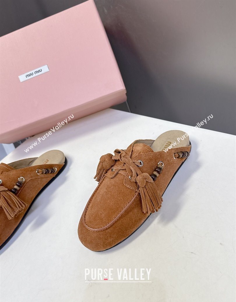Miu Miu Tassel and Beads Mules in Suede Leather Brown2 2025 5D518E (MD-251025014)