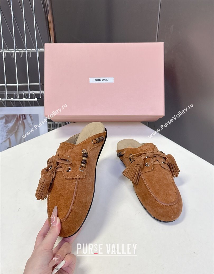 Miu Miu Tassel and Beads Mules in Suede Leather Brown2 2025 5D518E (MD-251025014)