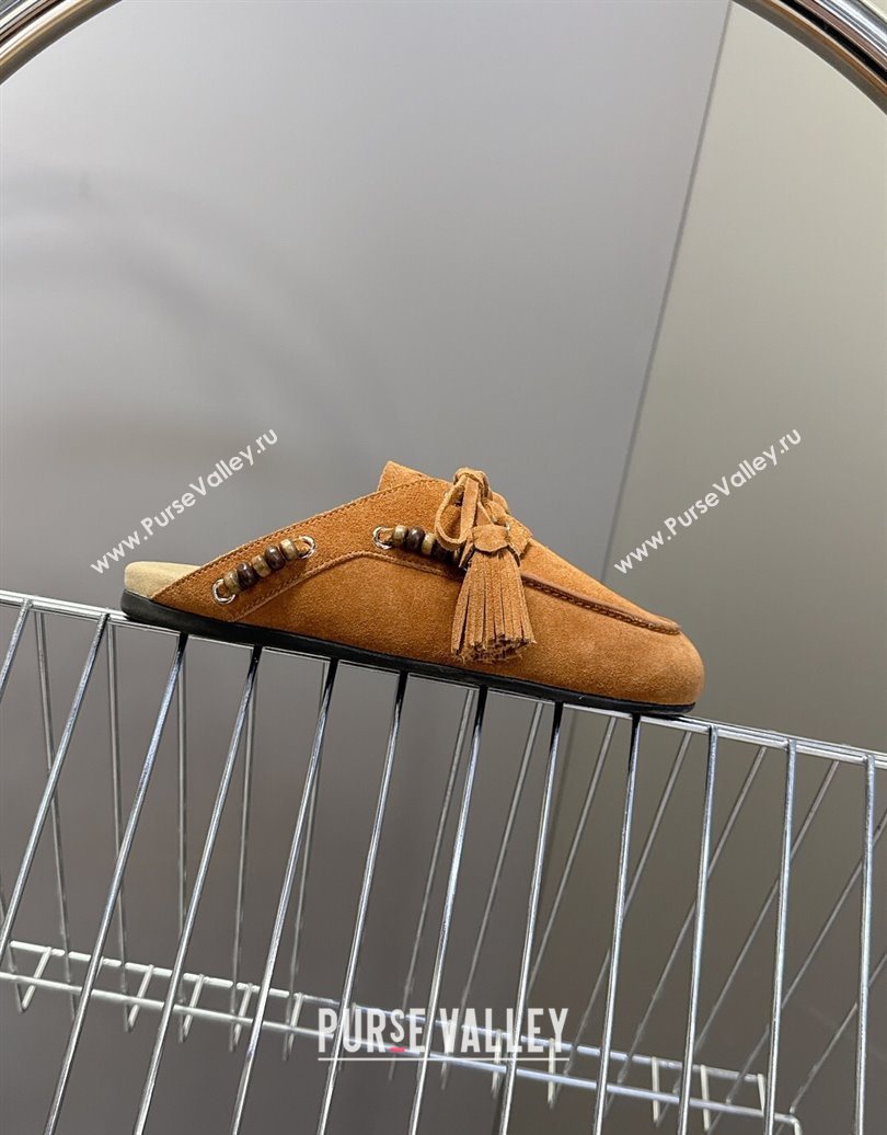 Miu Miu Tassel and Beads Mules in Suede Leather Brown2 2025 5D518E (MD-251025014)
