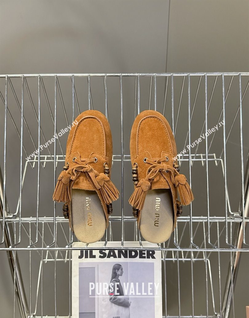 Miu Miu Tassel and Beads Mules in Suede Leather Brown2 2025 5D518E (MD-251025014)