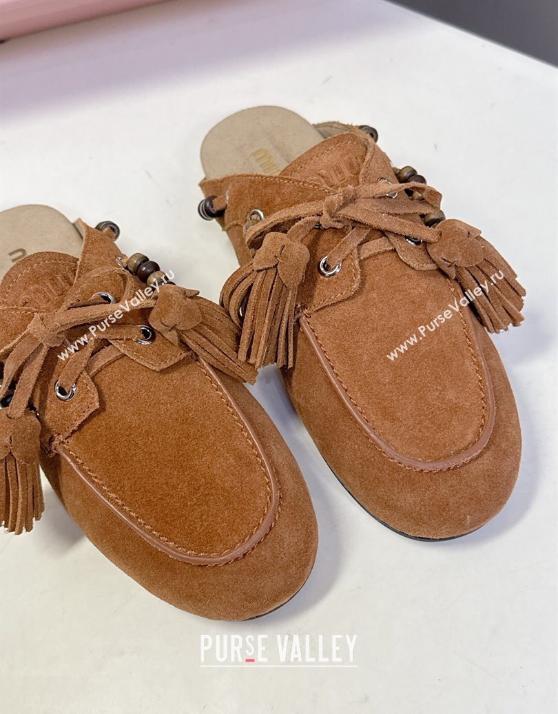 Miu Miu Tassel and Beads Mules in Suede Leather Brown2 2025 5D518E (MD-251025014)