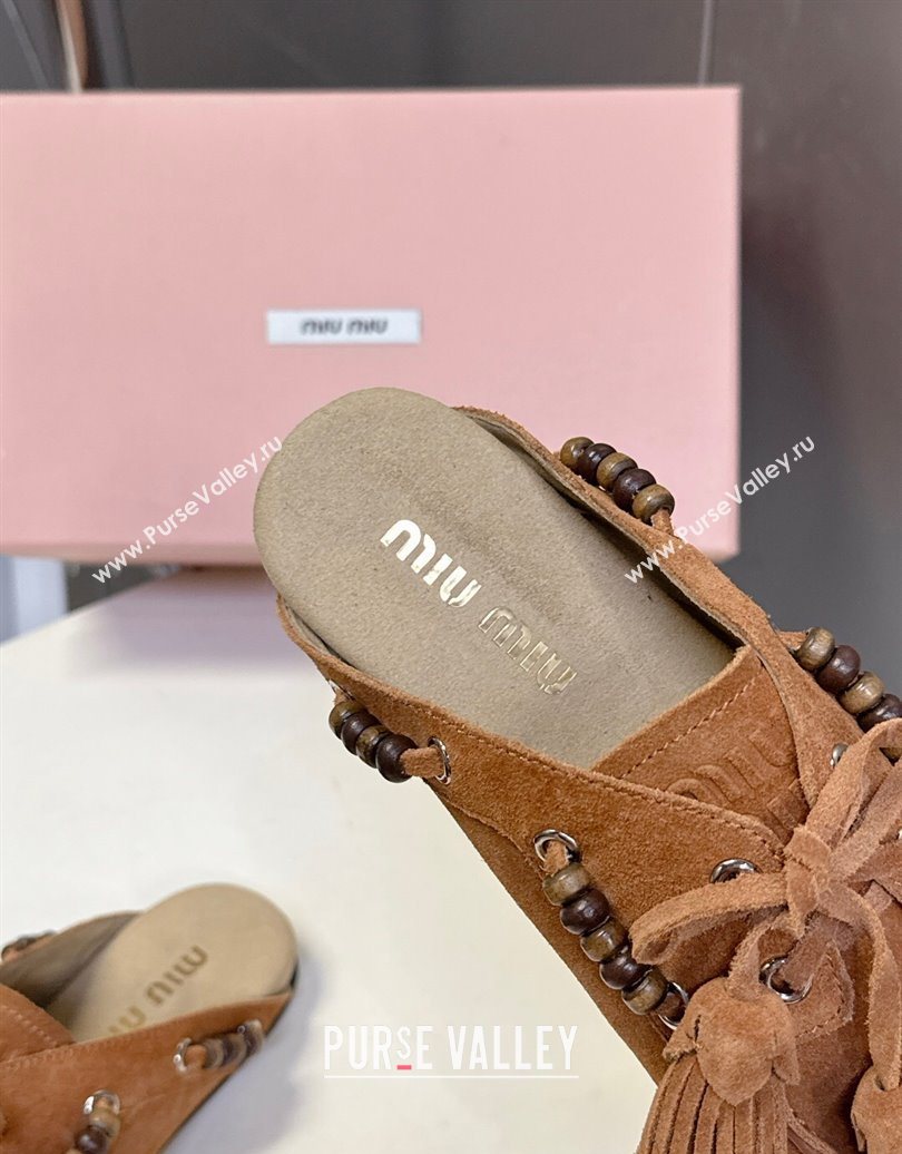 Miu Miu Tassel and Beads Mules in Suede Leather Brown2 2025 5D518E (MD-251025014)