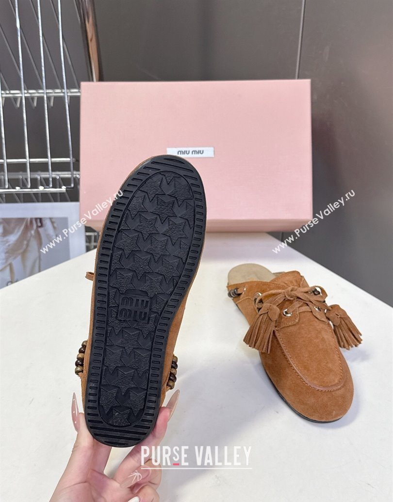 Miu Miu Tassel and Beads Mules in Suede Leather Brown2 2025 5D518E (MD-251025014)