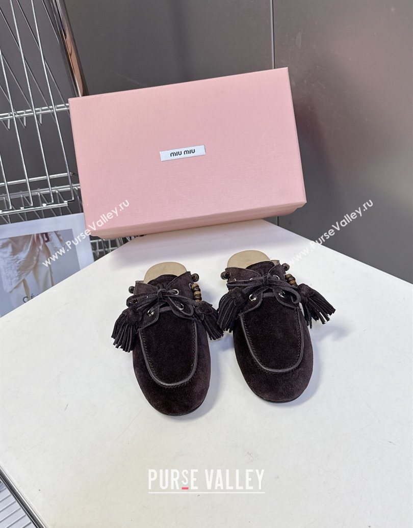 Miu Miu Tassel and Beads Mules in Suede Leather Dark Brown 2025 5D518E (MD-251025015)