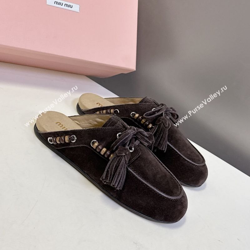 Miu Miu Tassel and Beads Mules in Suede Leather Dark Brown 2025 5D518E (MD-251025015)