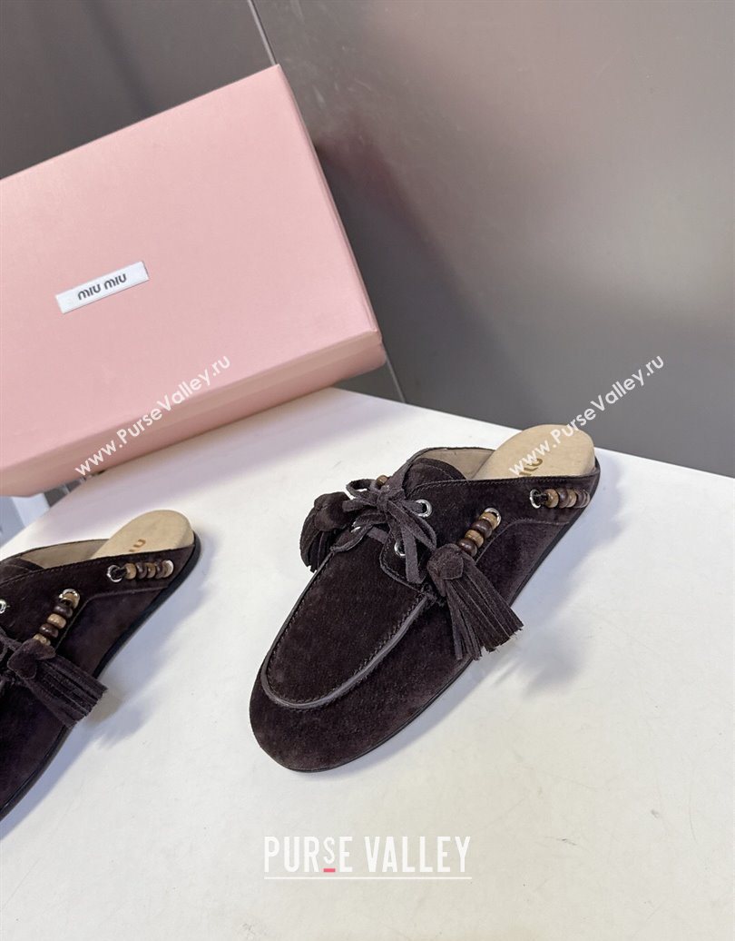 Miu Miu Tassel and Beads Mules in Suede Leather Dark Brown 2025 5D518E (MD-251025015)