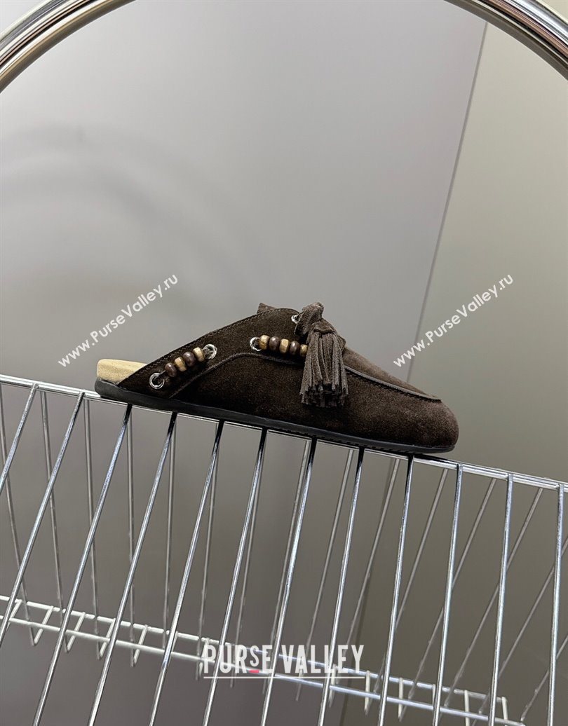 Miu Miu Tassel and Beads Mules in Suede Leather Dark Brown 2025 5D518E (MD-251025015)