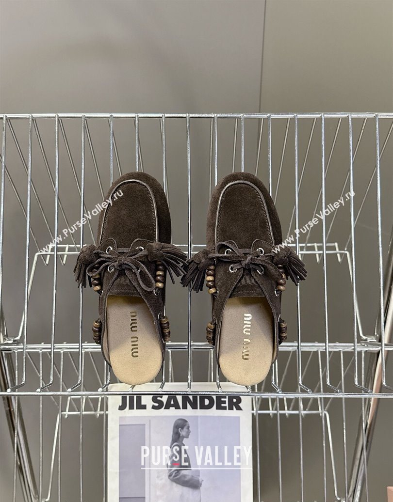 Miu Miu Tassel and Beads Mules in Suede Leather Dark Brown 2025 5D518E (MD-251025015)