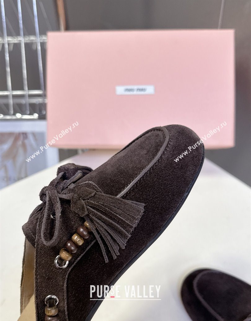 Miu Miu Tassel and Beads Mules in Suede Leather Dark Brown 2025 5D518E (MD-251025015)