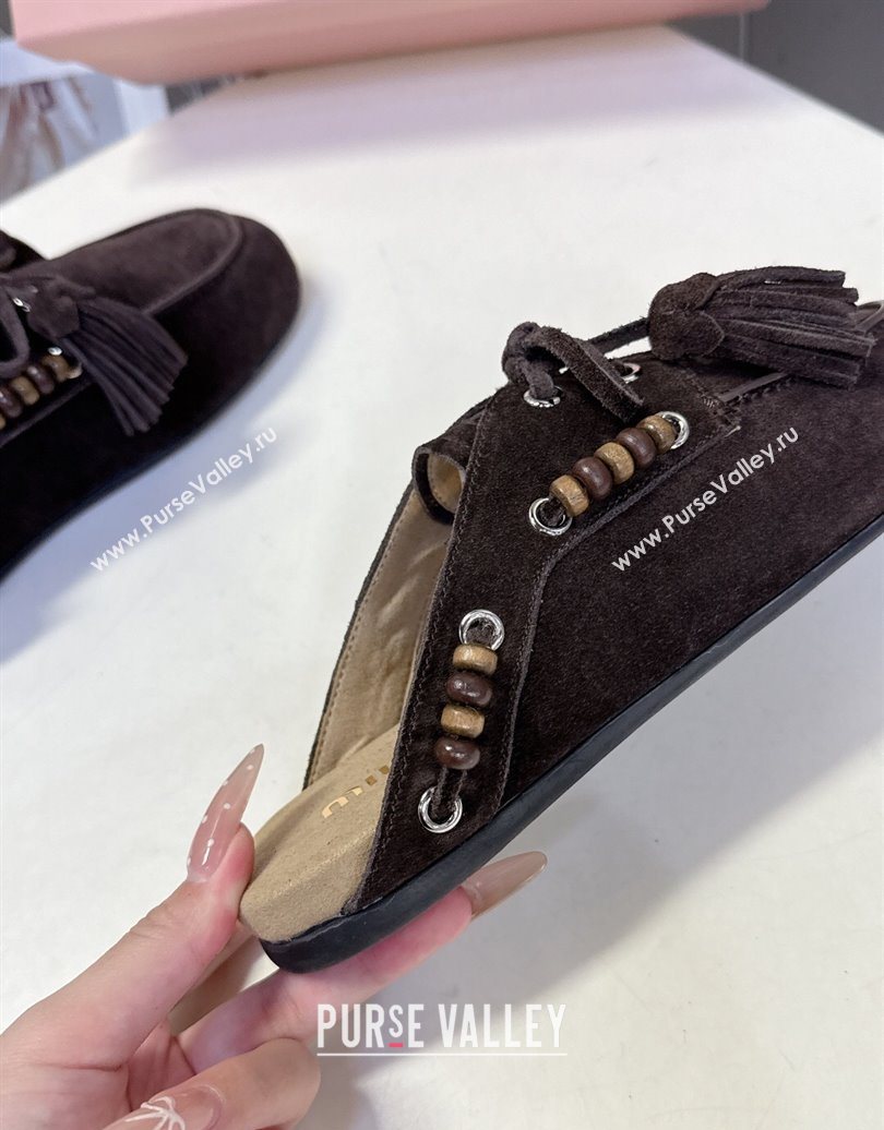 Miu Miu Tassel and Beads Mules in Suede Leather Dark Brown 2025 5D518E (MD-251025015)