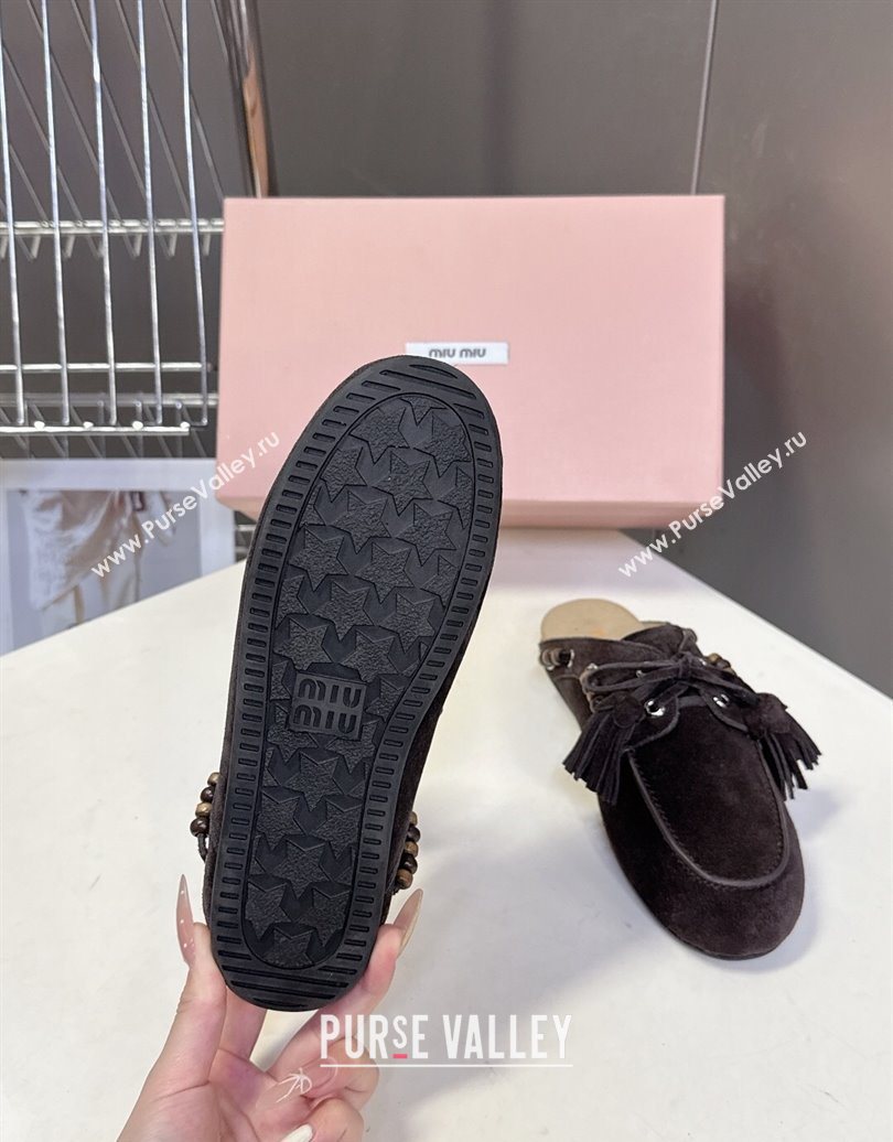 Miu Miu Tassel and Beads Mules in Suede Leather Dark Brown 2025 5D518E (MD-251025015)