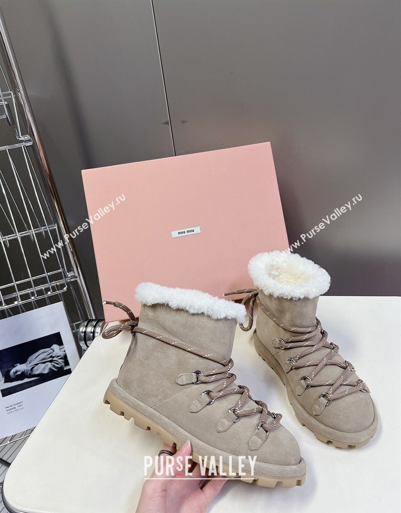 Miu Miu Suede and Wool Laced-up Flat Ankle Boots Grey 2025 MM102407 (KL-251024149)